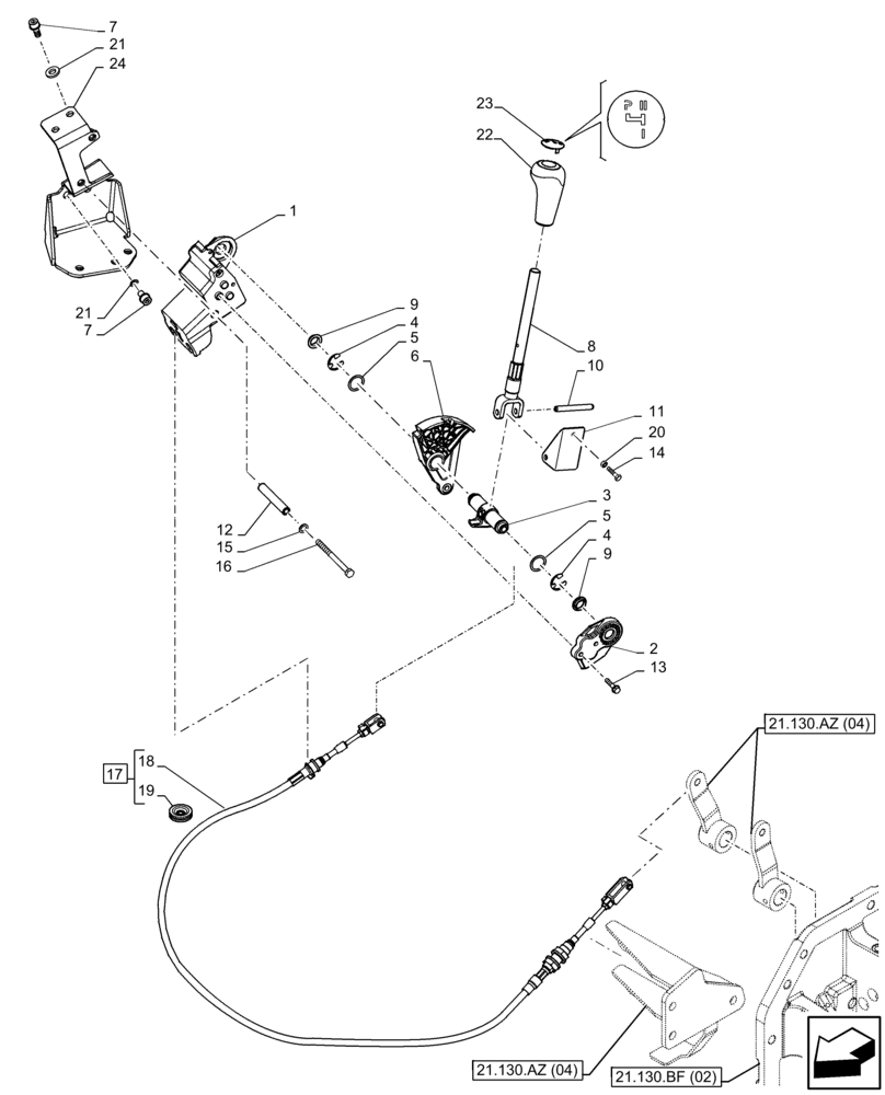 Схема запчастей Case IH FARMALL 65C - (21.134.AI[08]) - VAR - 330274, 334174, 334175, 390067 - TRANSMISSION, CONTROL LEVER, GEARSHIFT, W/O CAB (21) - TRANSMISSION