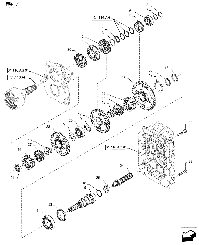 Схема запчастей Case IH MAXXUM 125 - (31.116.AF[04]) - VAR - 332805 - 3 SPEED REAR PTO - GEARS, DRIVEN SHAFT AND OUTPUT SHAFT (31) - IMPLEMENT POWER TAKE OFF