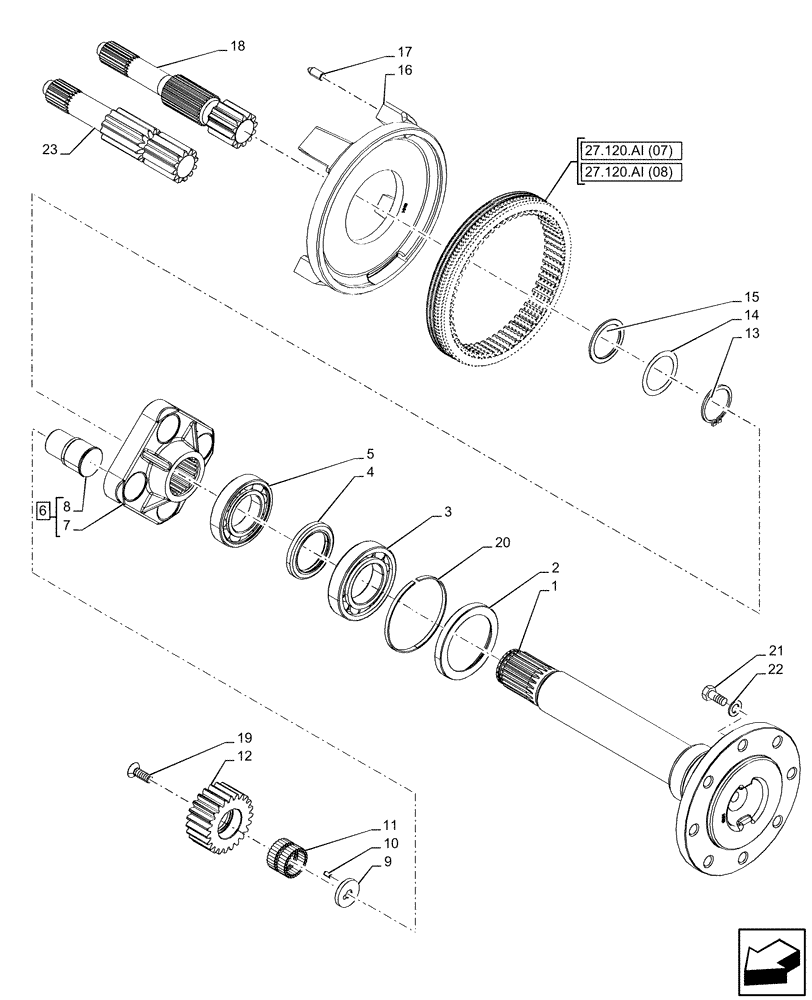 Схема запчастей Case IH FARMALL 115C - (27.120.AF[06]) - VAR - 333411, 390411 - FINAL DRIVE, SHAFT & GEAR, 4WD, HI-LO (27) - REAR AXLE SYSTEM