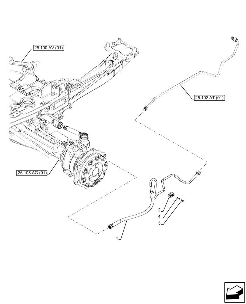 Схема запчастей Case IH FARMALL 115C - (25.102.AT[02]) - VAR - 743564 - DIFFERENTIAL LOCK, HYD. LINE, HI-LO (25) - FRONT AXLE SYSTEM