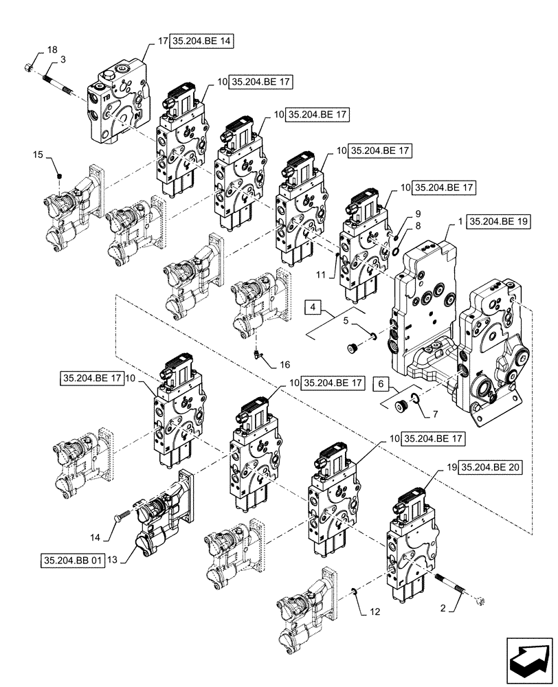 Схема запчастей Case IH QUADTRAC 620 - (35.204.BE[13]) - AUXILIARY CONTROL VALVE, 8-SPOOL, WITH TRAILER BRAKE (35) - HYDRAULIC SYSTEMS