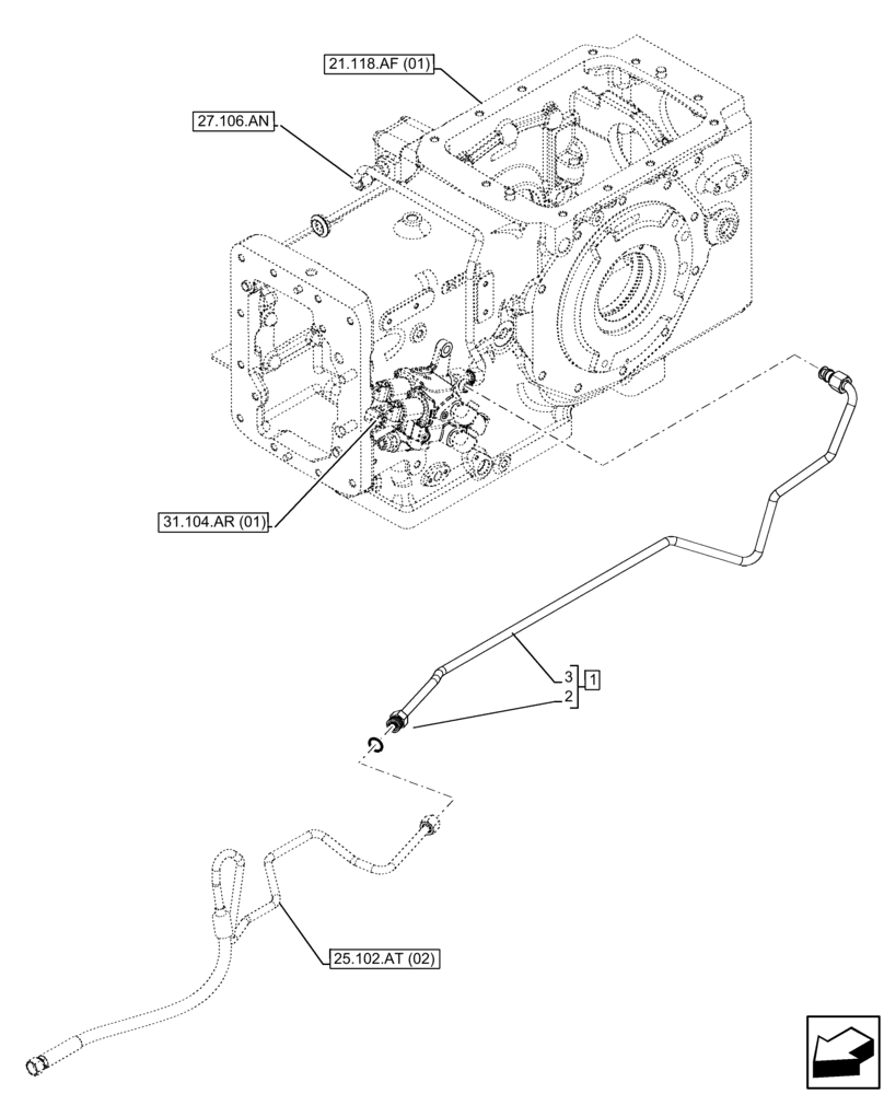 Схема запчастей Case IH FARMALL 105C - (25.102.AT[01]) - VAR - 743564 - DIFFERENTIAL LOCK, HYD. LINE, HI-LO (25) - FRONT AXLE SYSTEM