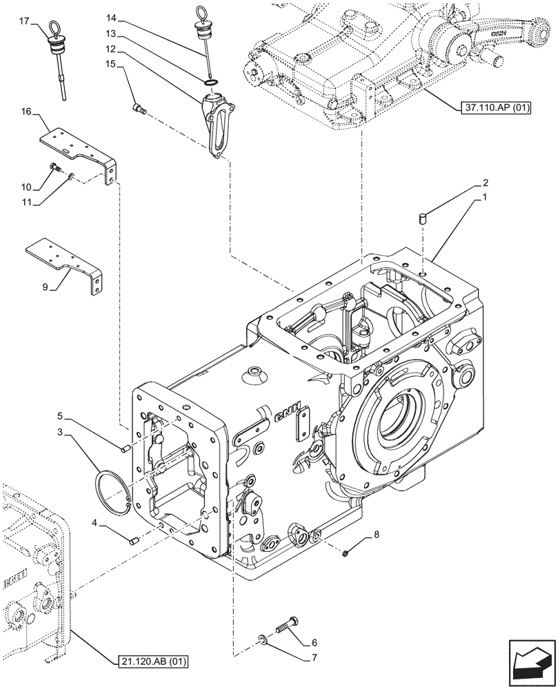 Схема запчастей Case IH FARMALL 95C - (21.118.AF[04]) - VAR - 337323, 743560, 744580, 744581, 744990 - TRANSMISSION, DRIVE, HOUSING, 4WD (21) - TRANSMISSION