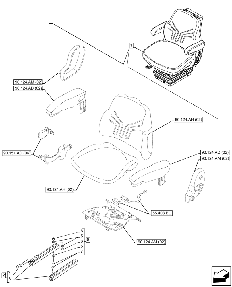 Схема запчастей Case IH FARMALL 115C - (90.124.AL[02]) - VAR - 332850 - DRIVER SEAT (W/ ARMREST, 15° SWIVEL), RAIL ASSY, CAB (90) - PLATFORM, CAB, BODYWORK AND DECALS