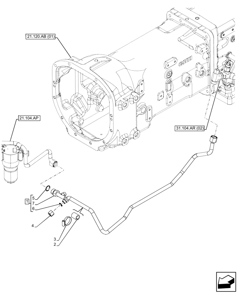 Схема запчастей Case IH FARMALL 105C - (21.104.AD[02]) - VAR - 330581, 390328, 743559 - LUBRICATION LINE, W/ MECHANICAL ENGAGEMENT, CAB (21) - TRANSMISSION