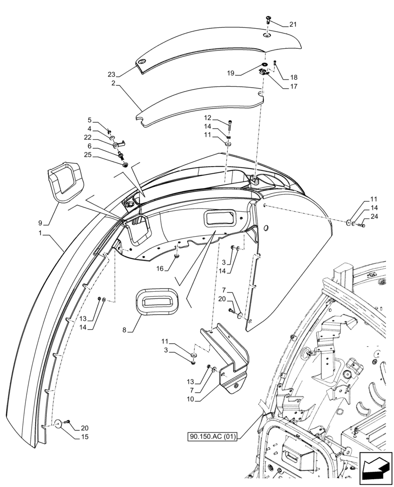 Схема запчастей Case IH FARMALL 65C - (90.116.AC[10]) - VAR - 333483, 335620, 335624, 743599, 744599 - REAR FENDER, CAB (BLACK) (90) - PLATFORM, CAB, BODYWORK AND DECALS