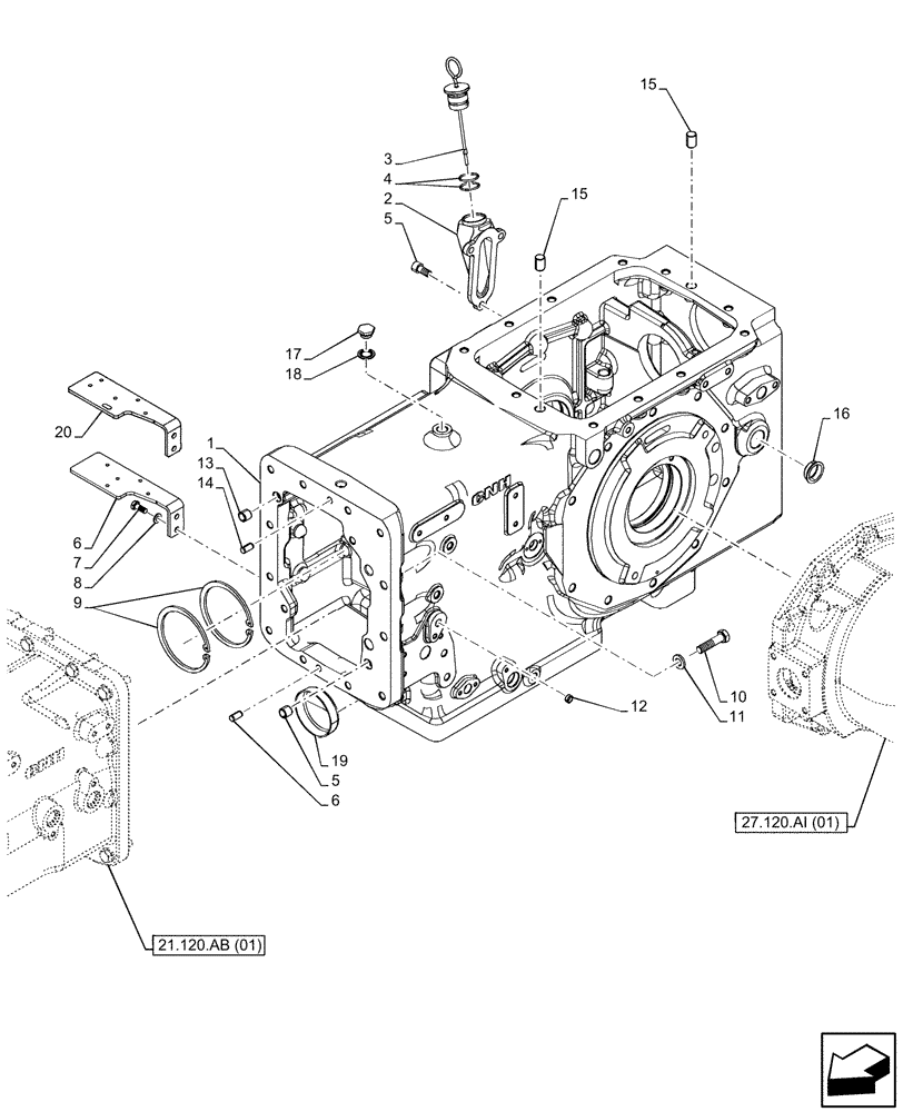 Схема запчастей Case IH FARMALL 95C - (21.118.AF[03]) - VAR - 390328, 744580, 744581, 744990, 743559 - TRANSMISSION, DRIVE, HOUSING, 4WD (21) - TRANSMISSION