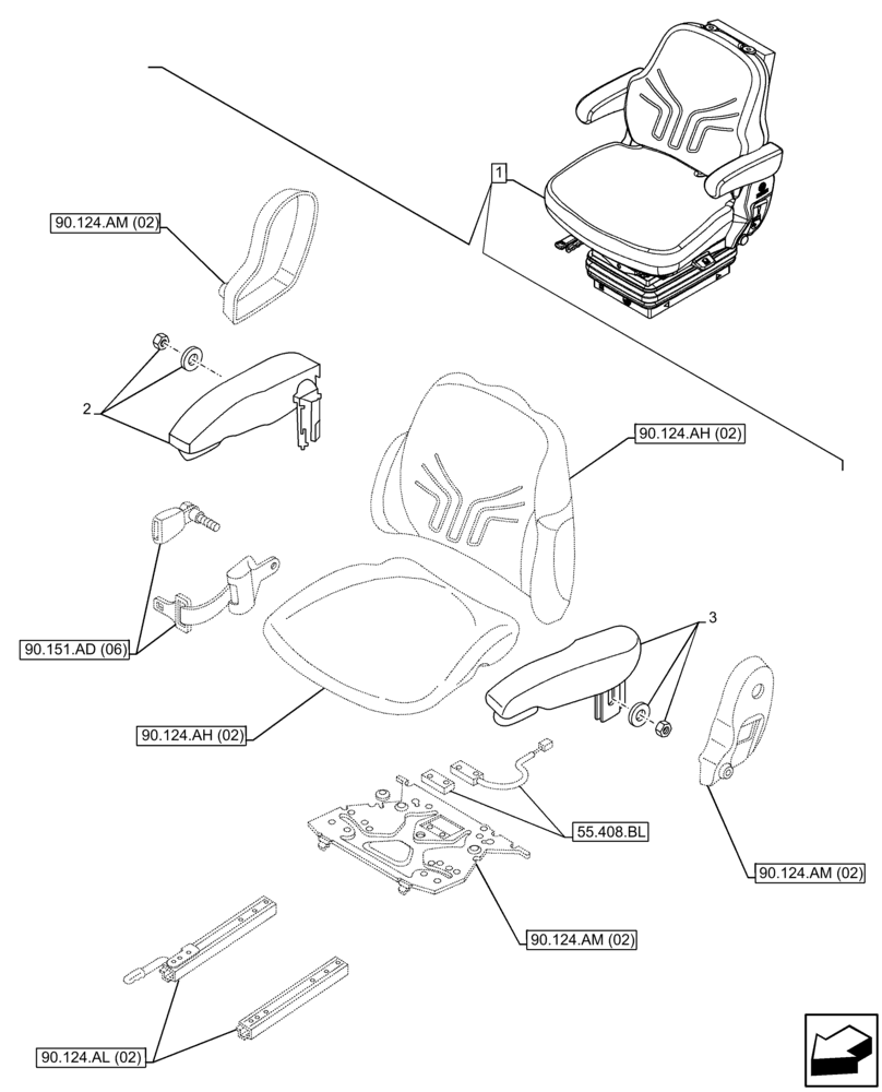 Схема запчастей Case IH FARMALL 95C - (90.124.AD[02]) - VAR - 332850 - DRIVER SEAT (15° SWIVEL), ARMREST, CAB (90) - PLATFORM, CAB, BODYWORK AND DECALS