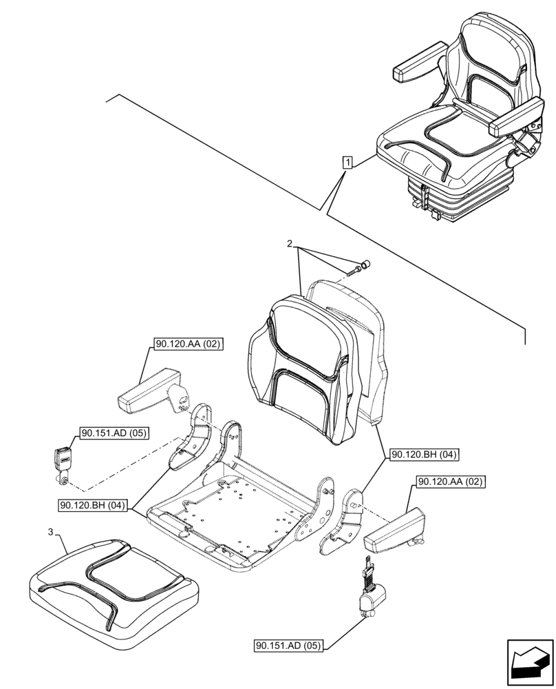 Схема запчастей Case IH FARMALL 65C - (90.120.AE[04]) - VAR - 331156 - DRIVER SEAT (W/ ARMREST), CUSHION, W/O CAB (90) - PLATFORM, CAB, BODYWORK AND DECALS