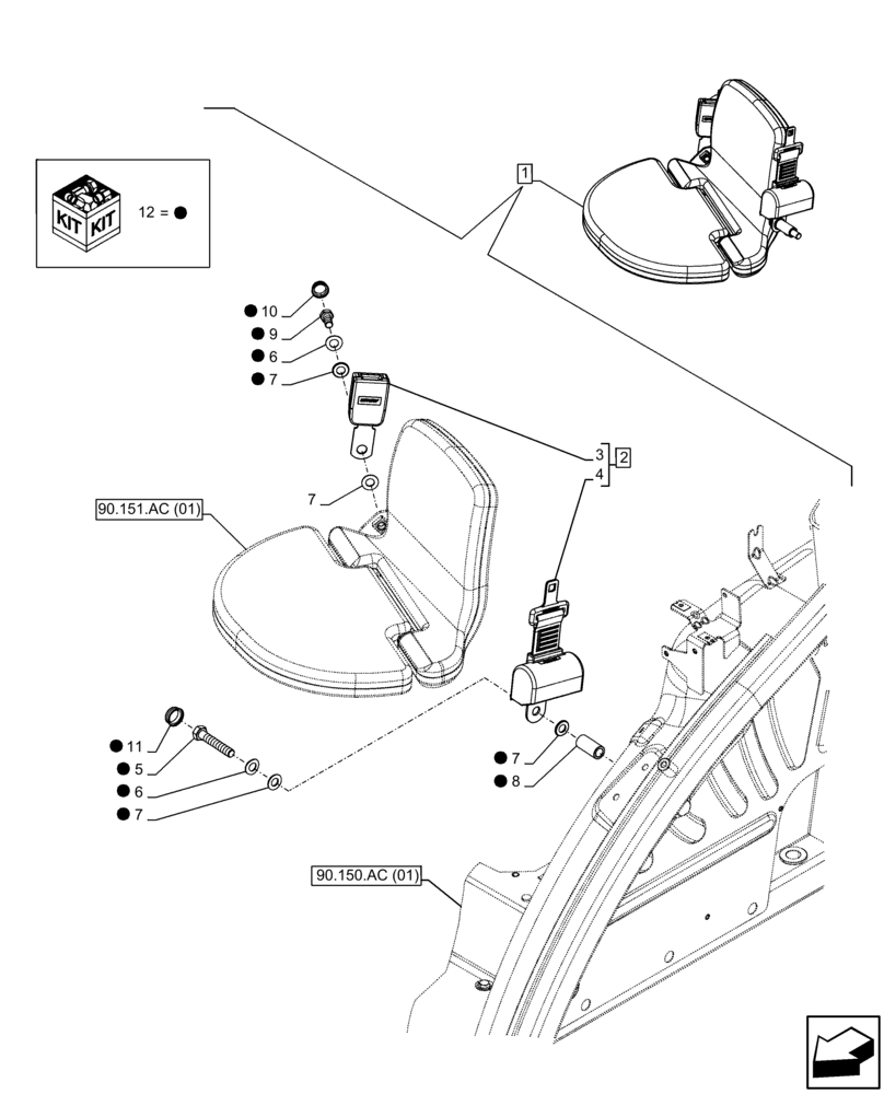 Схема запчастей Case IH FARMALL 75C - (90.151.AD[07]) - VAR - 334183, 744588 - PASSENGER SEAT, SEAT BELT, COMPONENTS, W/ CAB (90) - PLATFORM, CAB, BODYWORK AND DECALS