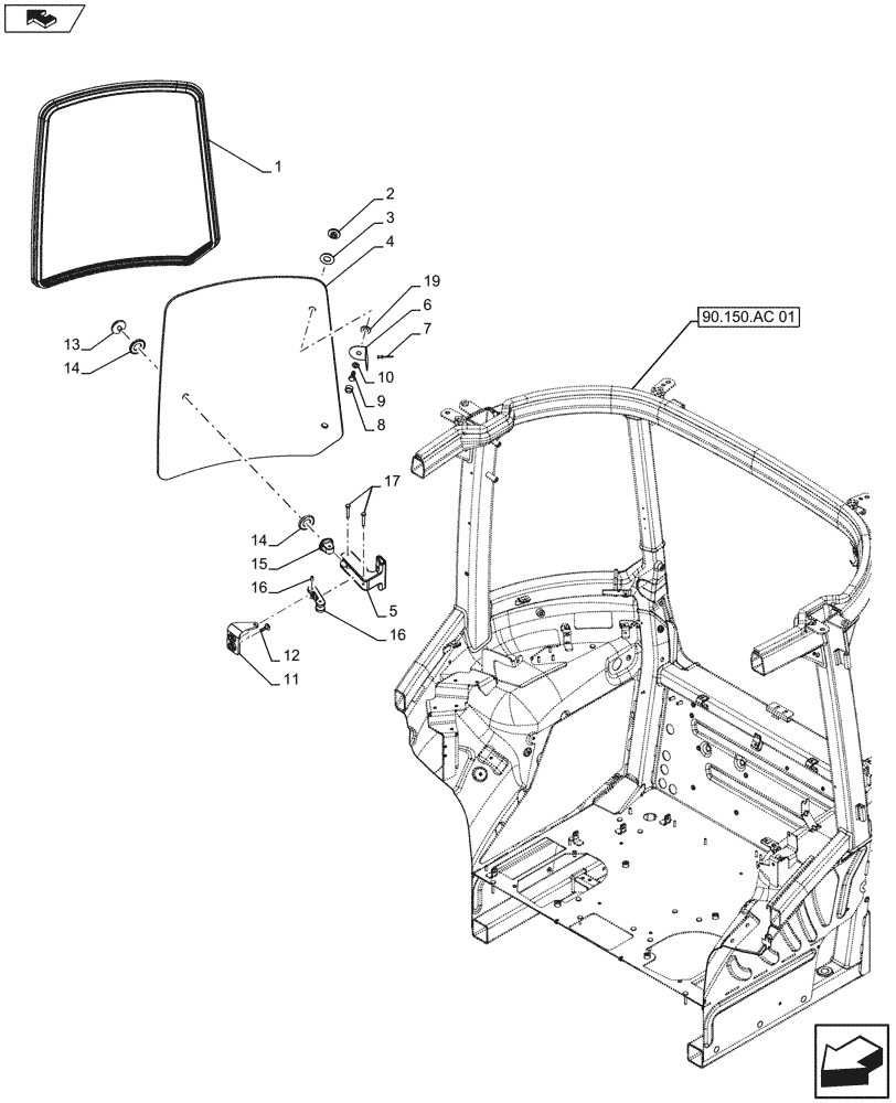 Схема запчастей Case IH FARMALL 105U - (90.156.AZ[02A]) - STD + VAR - 330642, 390642 - WINDOW, RIGHT SIDE - BEGIN YR 11-MAR-2013 (90) - PLATFORM, CAB, BODYWORK AND DECALS