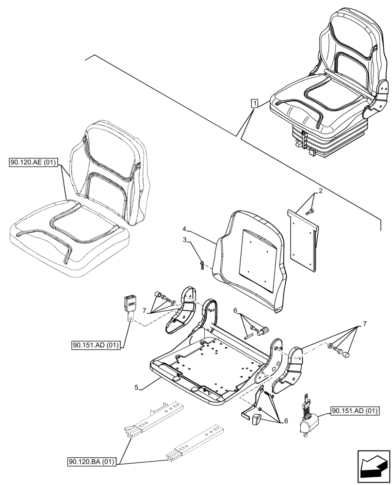 Схема запчастей Case IH FARMALL 95C - (90.120.BH[01]) - VAR - 391684 - DRIVER SEAT, FRAME, CAB (90) - PLATFORM, CAB, BODYWORK AND DECALS