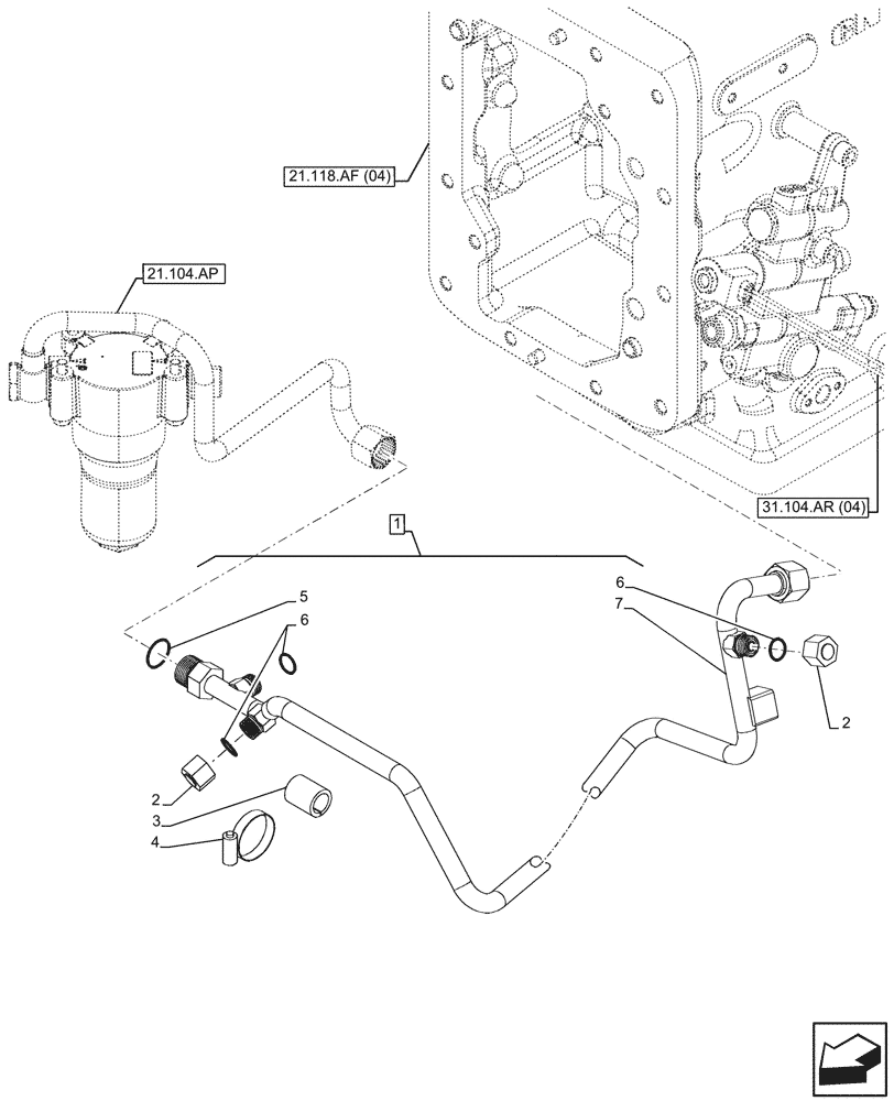 Схема запчастей Case IH FARMALL 115C - (21.104.AD[03]) - VAR - 744580, 744581, 744990 - LUBRICATION LINE, W/ ELECTROHYDRAULIC ENGAGEMENT (21) - TRANSMISSION