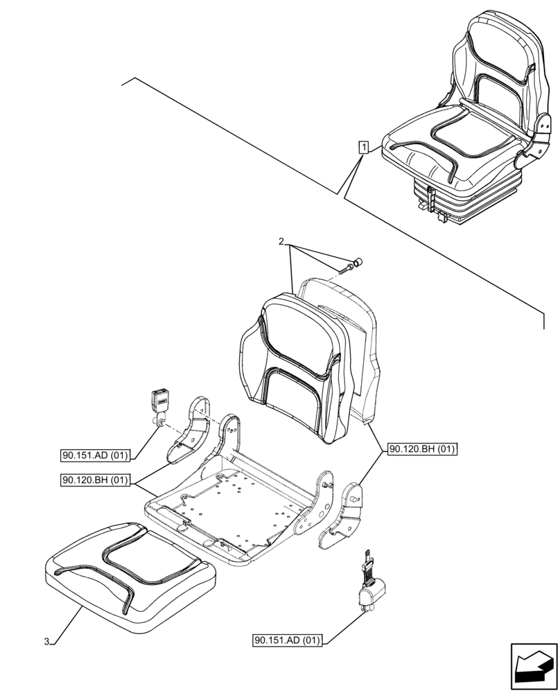 Схема запчастей Case IH FARMALL 65C - (90.120.AE[01]) - VAR - 391684 - DRIVER SEAT, CUSHION, CAB (90) - PLATFORM, CAB, BODYWORK AND DECALS