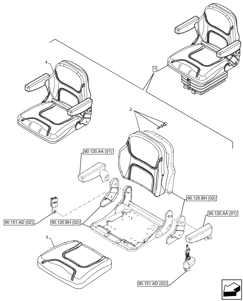 Схема запчастей Case IH FARMALL 65C - (90.120.AE[02]) - VAR - 331962, 743578 - DRIVER SEAT (W/ ARMREST), CUSHION, CAB (90) - PLATFORM, CAB, BODYWORK AND DECALS