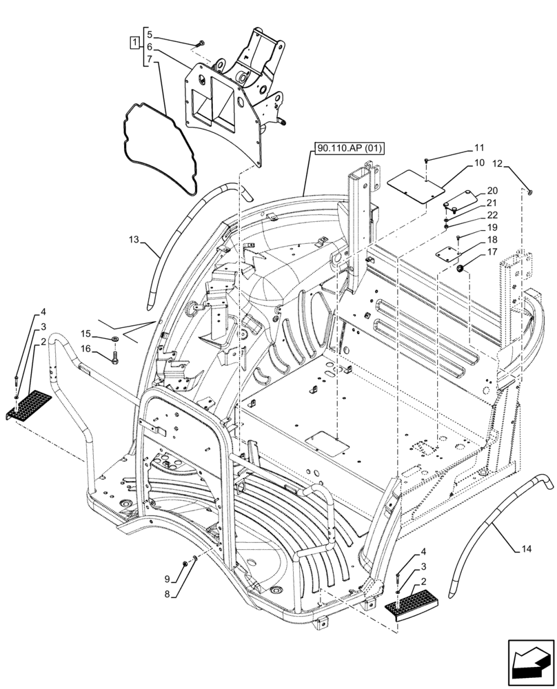 Схема запчастей Case IH FARMALL 65C - (90.110.AP[02]) - VAR - 392315, 334187, 334190 - PLATFORM, SPARK ARRESTER, HANDLE, W/O CAB (90) - PLATFORM, CAB, BODYWORK AND DECALS