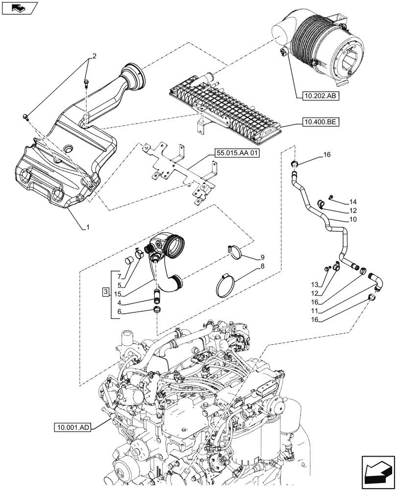 Схема запчастей Case IH FARMALL 115U - (10.202.AD[04]) - STD + VAR - 390335 - AIR DUCTS & HOSES, AIR CLEANER (LESS PNEUMATIC TRAILER BRAKE) (10) - ENGINE