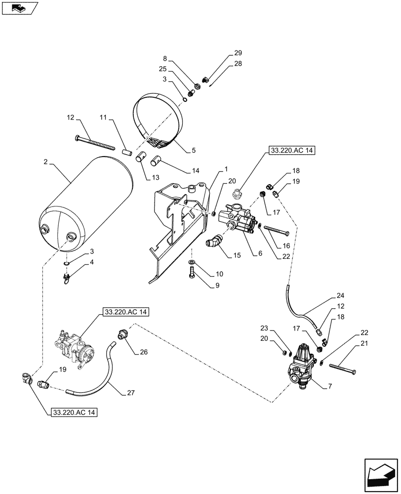 Схема запчастей Case IH FARMALL 115U - (33.220.AC[12]) - VAR - 330335 - AIR RESERVOIR, VALVE, PUMP, ISO (33) - BRAKES & CONTROLS
