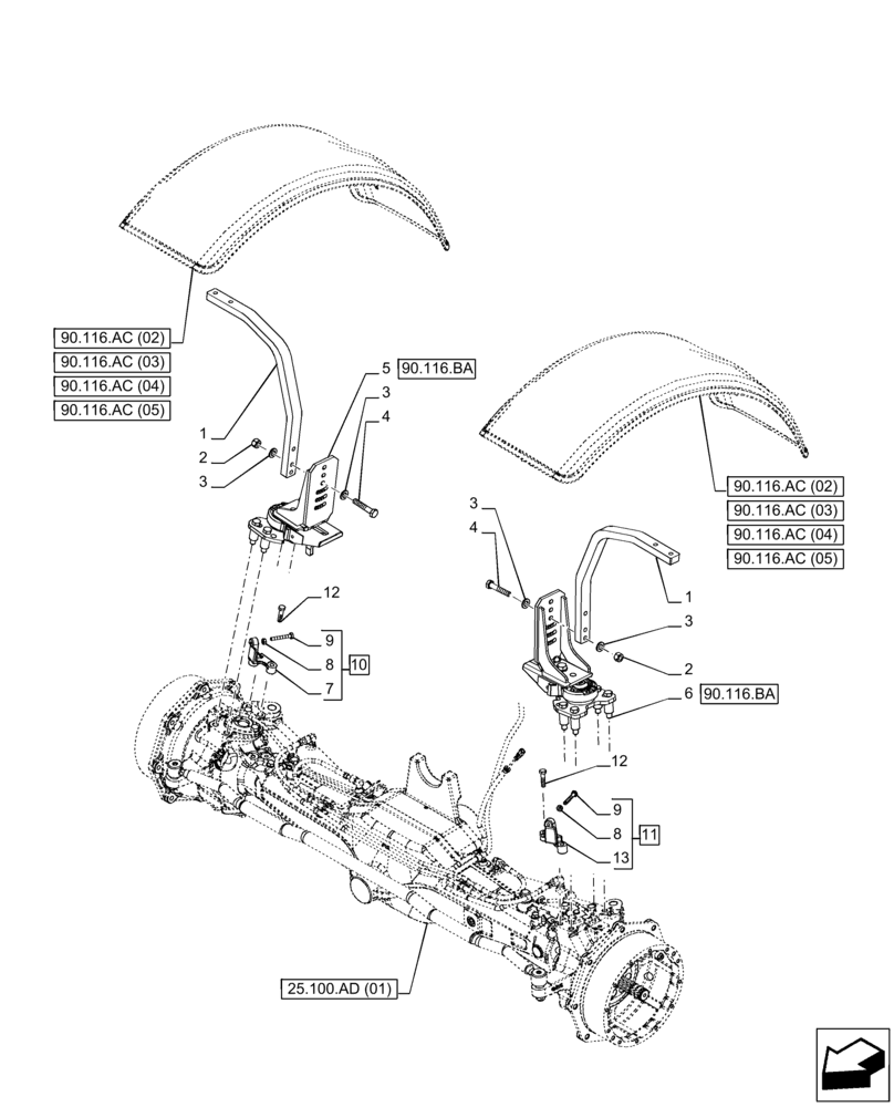 Схема запчастей Case IH PUMA 240 CVT - (90.116.AC[01]) - VAR - 758177, 758178, 758179, 758180 - DYNAMIC FRONT FENDER, SUPPORT (90) - PLATFORM, CAB, BODYWORK AND DECALS