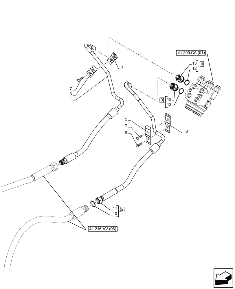 Схема запчастей Case IH FARMALL 85C - (41.216.AV[01]) - VAR - 330581 - HYDRAULIC STEERING, CYLINDER, LINE, POWERSHUTTLE (41) - STEERING