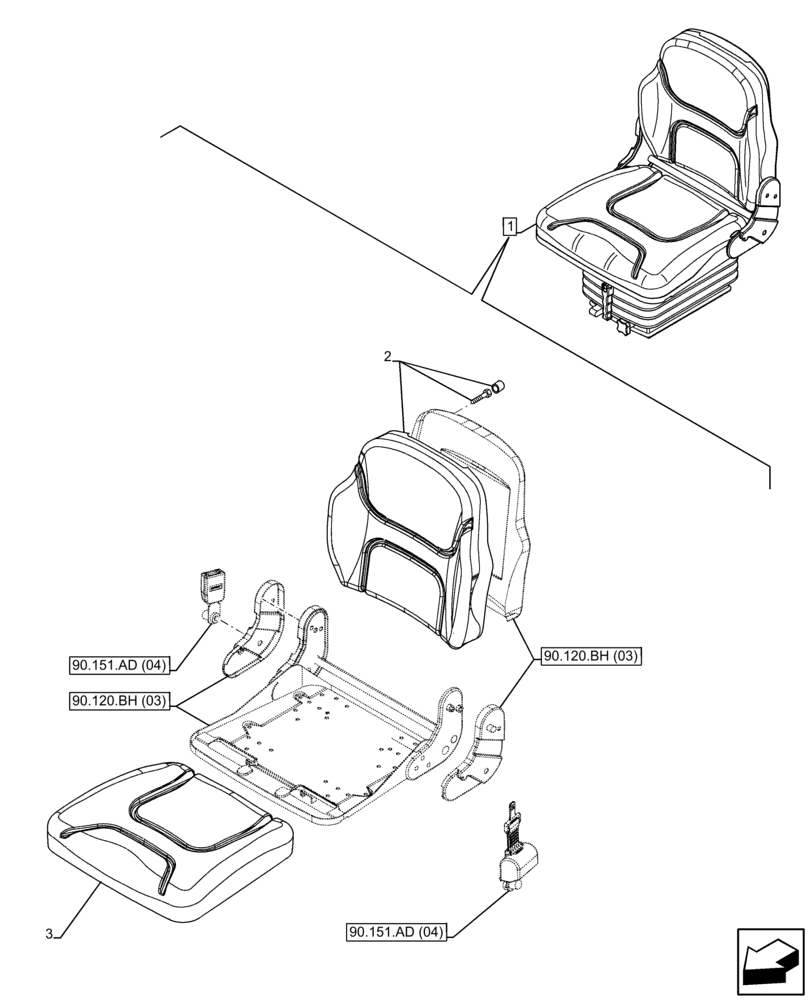 Схема запчастей Case IH FARMALL 75C - (90.120.AE[03]) - VAR - 390901 - DRIVER SEAT, CUSHION, W/O CAB (90) - PLATFORM, CAB, BODYWORK AND DECALS