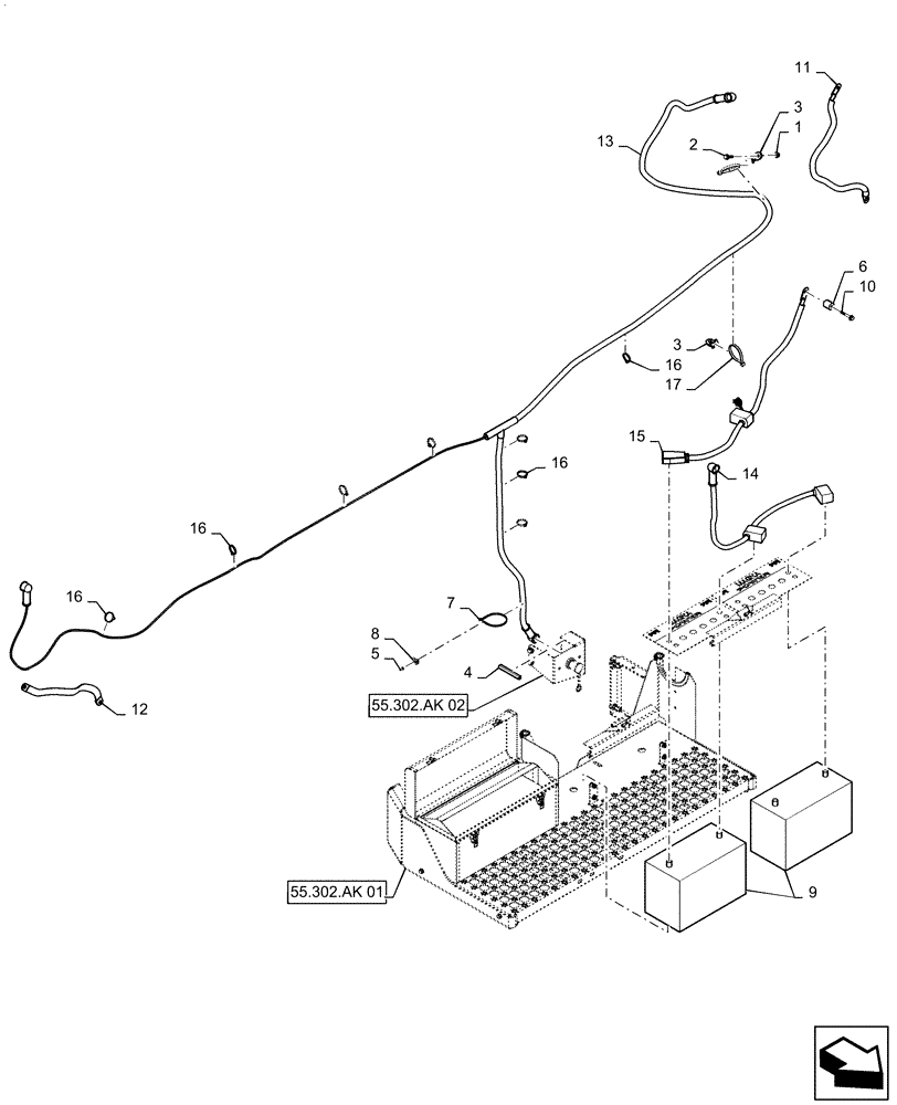 Схема запчастей Case IH 5140 - (55.302.AX[01]) - BATTERY - TRAY & CABLES, NA (55) - ELECTRICAL SYSTEMS