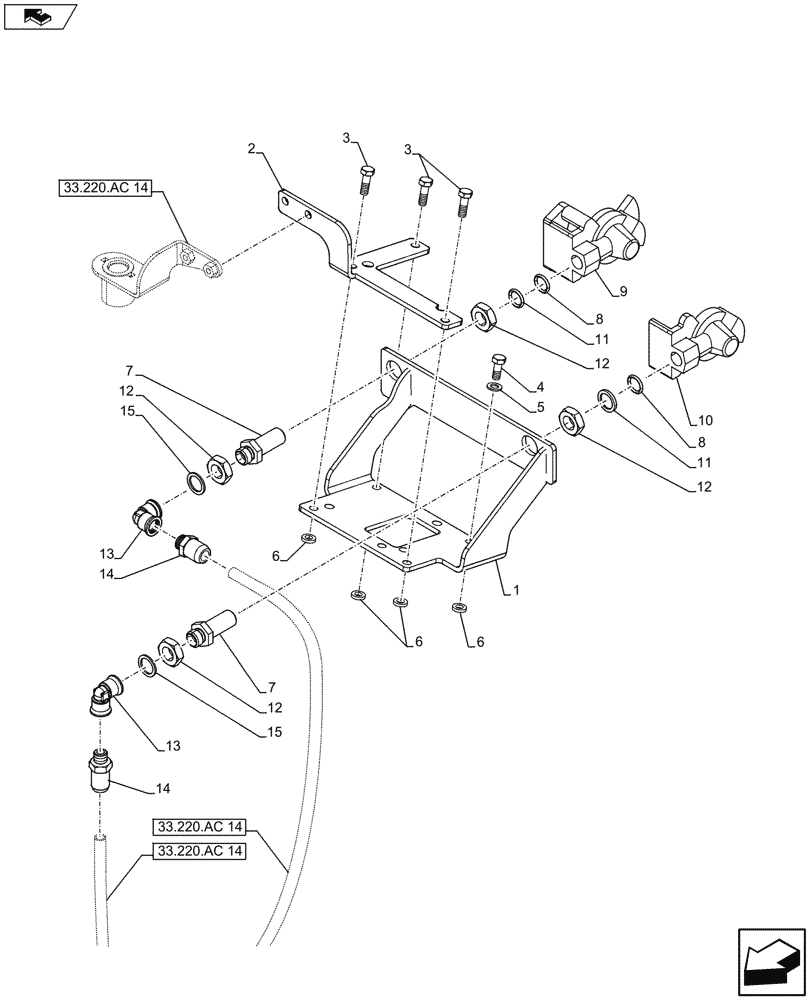 Схема запчастей Case IH FARMALL 105U - (33.220.AC[08]) - VAR - 330335 - BRACKET, QUICK COUPLER, GERMANY, ISO (33) - BRAKES & CONTROLS