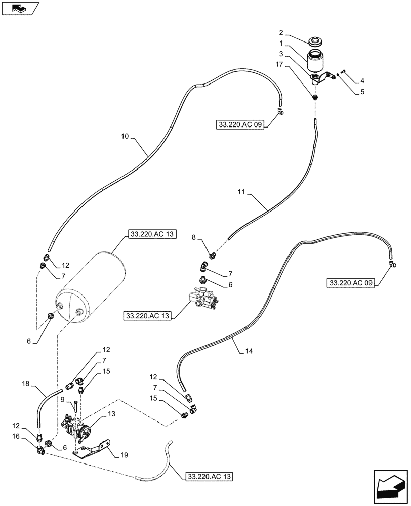 Схема запчастей Case IH FARMALL 105U - (33.220.AC[15]) - VAR - 331335 - TRAILER BRAKE VALVE, LINE, ISO (PNEUMATIC TRAILER BRAKE, ITALY) (33) - BRAKES & CONTROLS