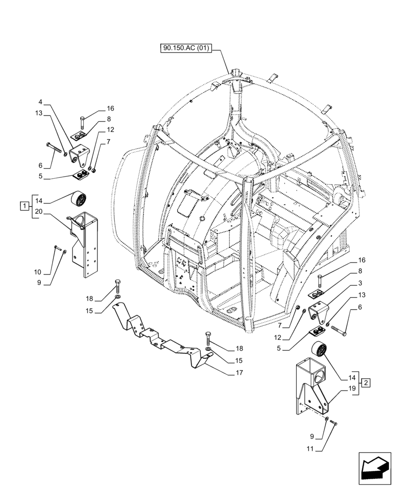Схема запчастей Case IH PUMA 220 CVT - (90.150.AE[02]) - VAR - 391183 - 391184 - CAB, MOUNT, FRONT (90) - PLATFORM, CAB, BODYWORK AND DECALS