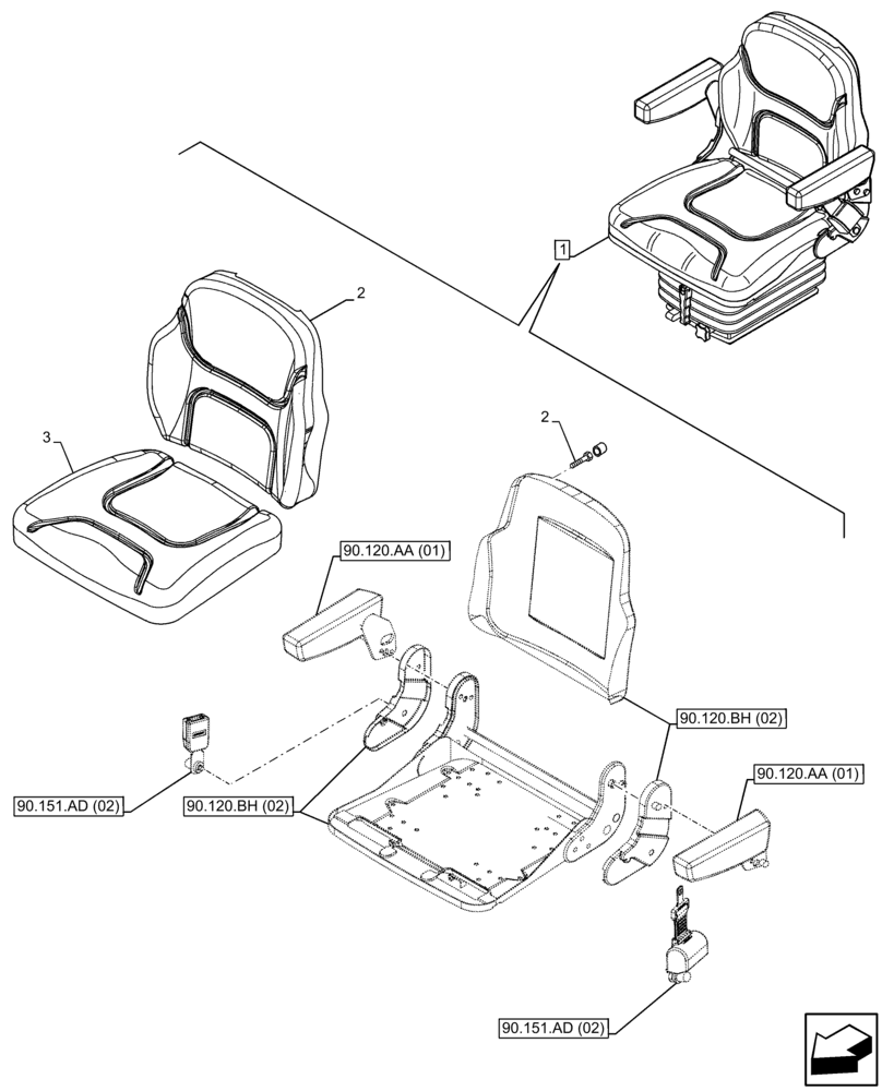 Схема запчастей Case IH FARMALL 95C - (90.120.AE[02]) - VAR - 743578 - DRIVER SEAT (W/ ARMREST), CUSHION, CAB (90) - PLATFORM, CAB, BODYWORK AND DECALS