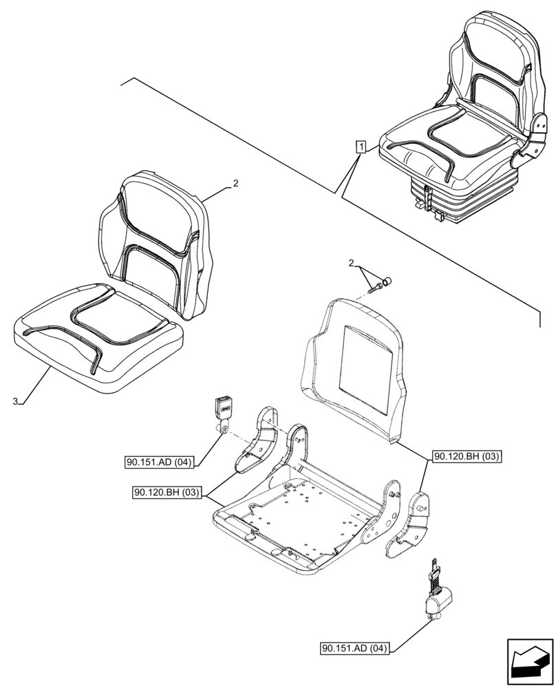 Схема запчастей Case IH FARMALL 95C - (90.120.AE[03]) - VAR - 390901 - DRIVER SEAT, CUSHION, W/O CAB (90) - PLATFORM, CAB, BODYWORK AND DECALS