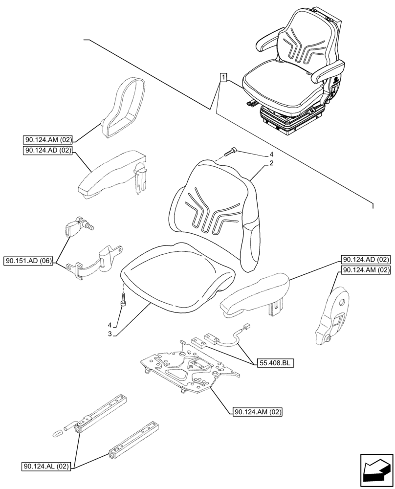 Схема запчастей Case IH FARMALL 65C - (90.124.AH[02]) - VAR - 332850 - DRIVER SEAT (W/ ARMREST, 15° SWIVEL), CUSHION, CAB (90) - PLATFORM, CAB, BODYWORK AND DECALS