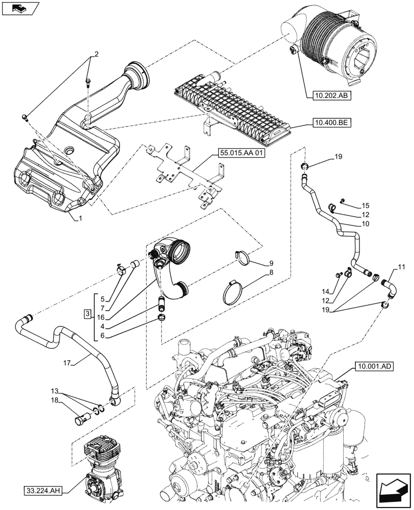 Схема запчастей Case IH FARMALL 105U - (10.202.AD[03]) - VAR - 330335, 331335 - AIR DUCTS & HOSES, AIR CLEANER, ISO (PNEUMATIC TRAILER BRAKE) (10) - ENGINE