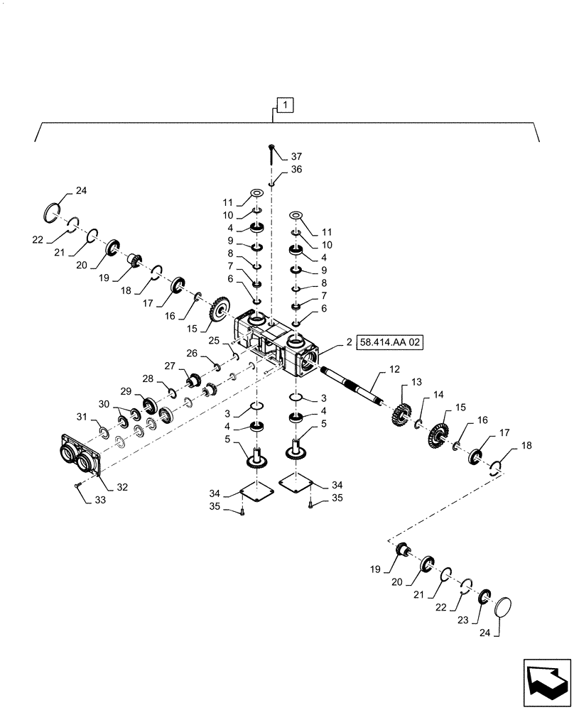 Схема запчастей Case IH 5506-55 - (58.414.AA[01]) - GEARBOX ASSY, WITHOUT CHOPPER (58) - ATTACHMENTS/HEADERS