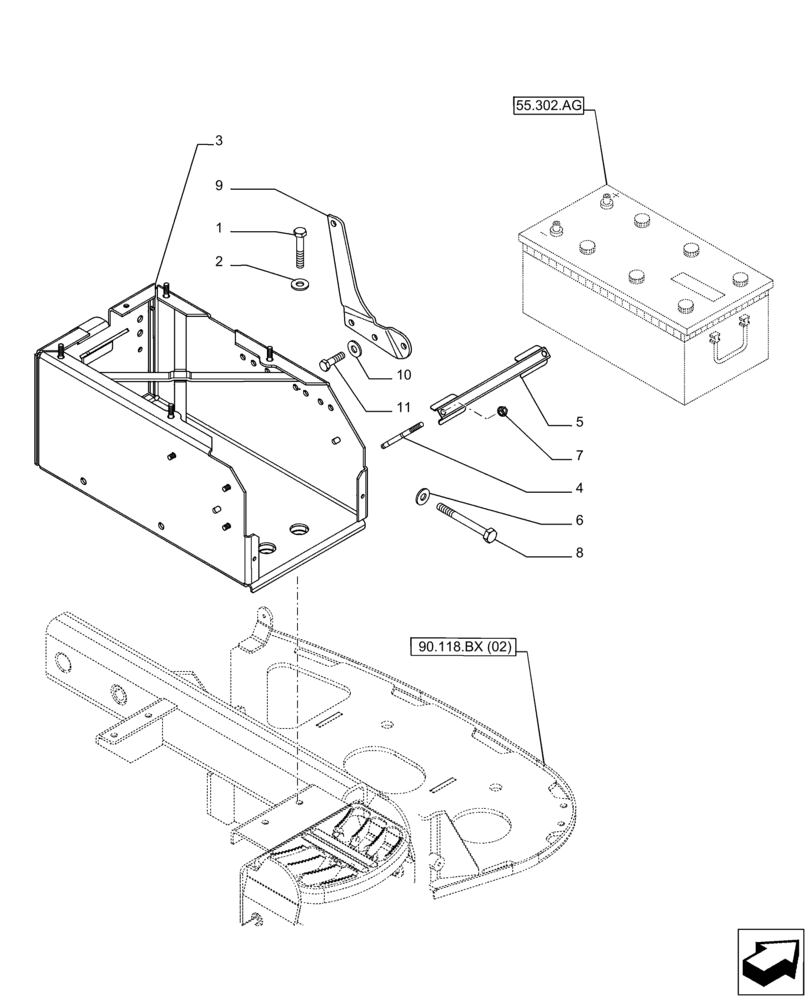 Схема запчастей Case IH PUMA 185 CVT - (55.302.AK) - VAR - 391130, 758000 - BATTERY SUPPORT (55) - ELECTRICAL SYSTEMS