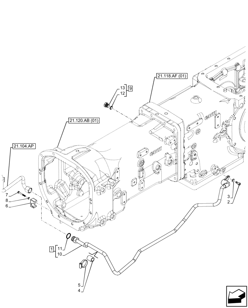 Схема запчастей Case IH FARMALL 95C - (21.104.AD[01]) - VAR - 330581, 390328, 743559 - LUBRICATION LINE, W/ MECHANICAL ENGAGEMENT, W/O CAB (21) - TRANSMISSION