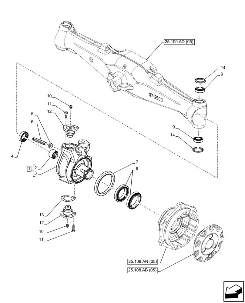 Схема запчастей Case IH FARMALL 85C - (25.108.AG[05]) - VAR - 744581 - FRONT AXLE, STEERING KNUCKLE, 4WD, HEAVY DUTY (25) - FRONT AXLE SYSTEM