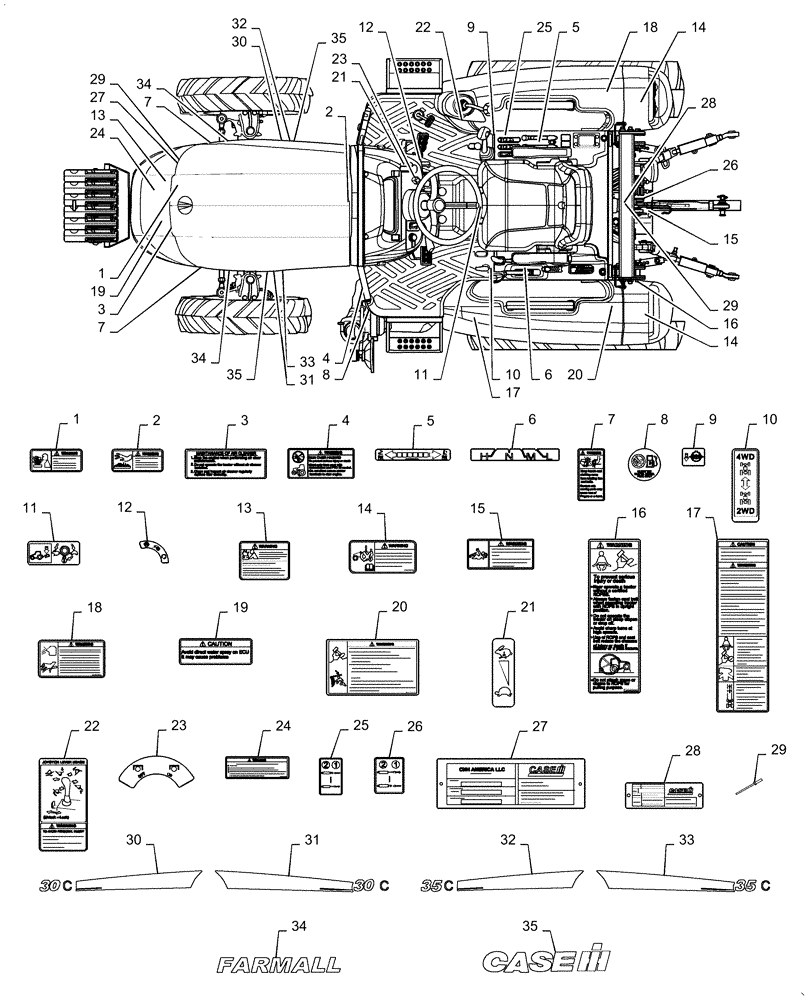 Схема запчастей Case IH FARMALL 35C - (90.108.AD) - MODEL AND SAFETY DECALS (90) - PLATFORM, CAB, BODYWORK AND DECALS