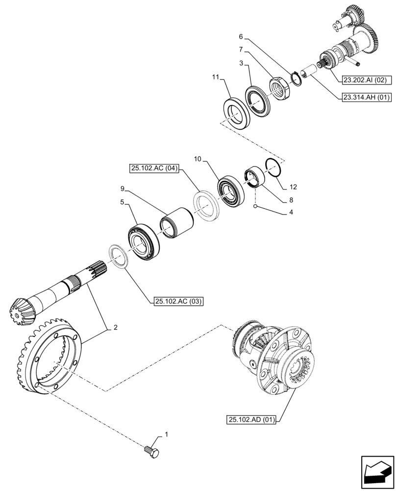 Схема запчастей Case IH FARMALL 115C - (25.102.AC[06]) - VAR - 390328, 743559, 744580, 744990 - FRONT AXLE, BEVEL GEAR, 4WD (25) - FRONT AXLE SYSTEM