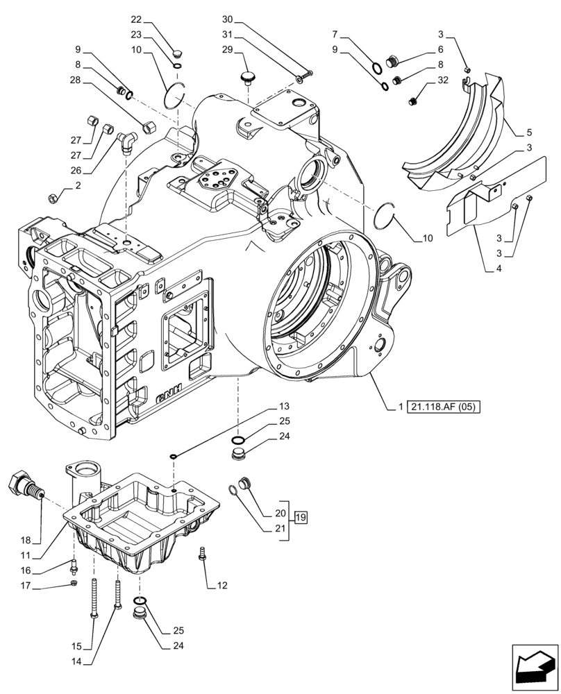 Схема запчастей Case IH PUMA 200 CVT - (21.118.AF[04]) - VAR - 337426, 337427, 337429, 337430, 337431, 337432, 337433, 391138, 758022 - TRANSMISSION HOUSING, CVT (21) - TRANSMISSION