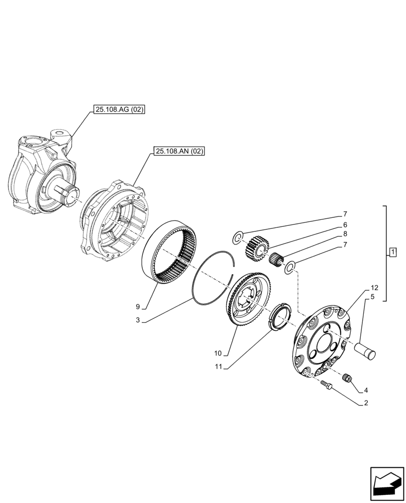 Схема запчастей Case IH FARMALL 115C - (25.108.AB [02]) - VAR - 743560 - FRONT AXLE, PLANETARY REDUCER, 4WD (25) - FRONT AXLE SYSTEM