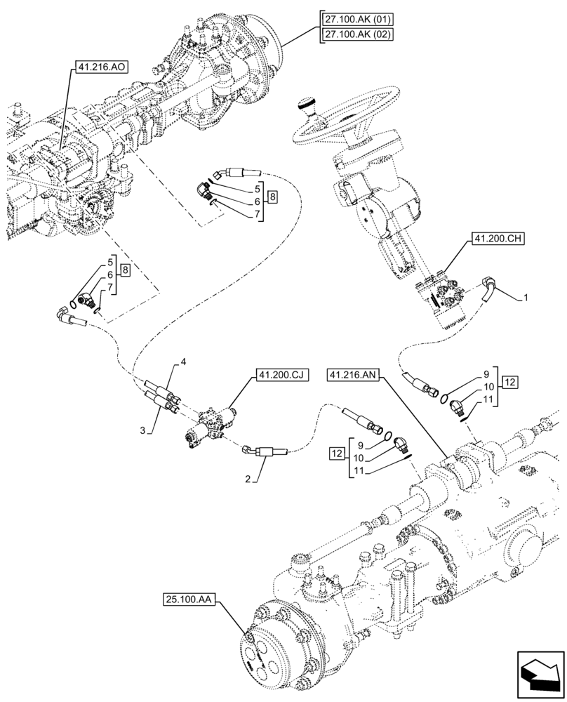 Схема запчастей Case IH FARMLIFT 632 - (41.216.AV) - HYDRAULIC STEERING, LINE, STEERING CYLINDER (41) - STEERING