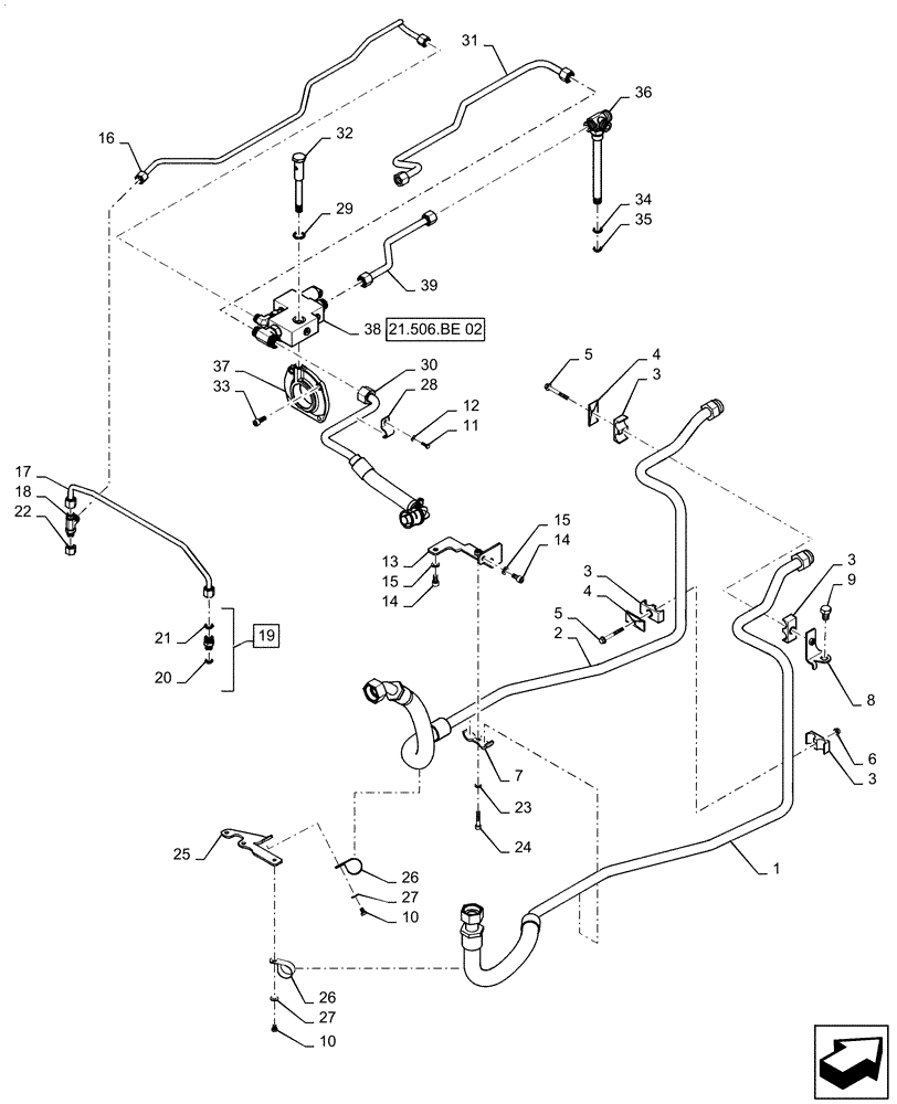 Схема запчастей Case IH MAGNUM 180 - (21.506.BE[01]) - VAR- 420104, 420105 - TRANSMISSION LUBRICATION LINES - CVT (21) - TRANSMISSION