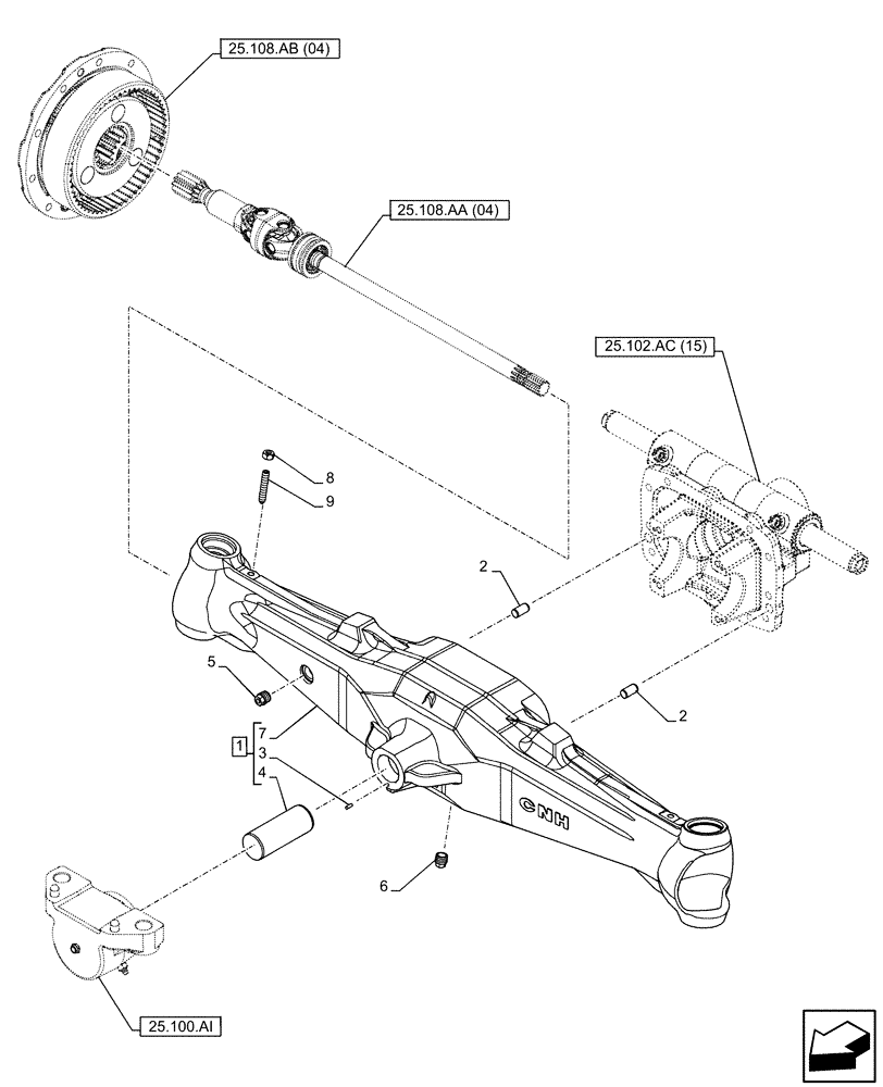 Схема запчастей Case IH FARMALL 95C - (25.100.AD[04]) - VAR - 744581 - FRONT AXLE, HOUSING, 4WD, HEAVY DUTY (25) - FRONT AXLE SYSTEM