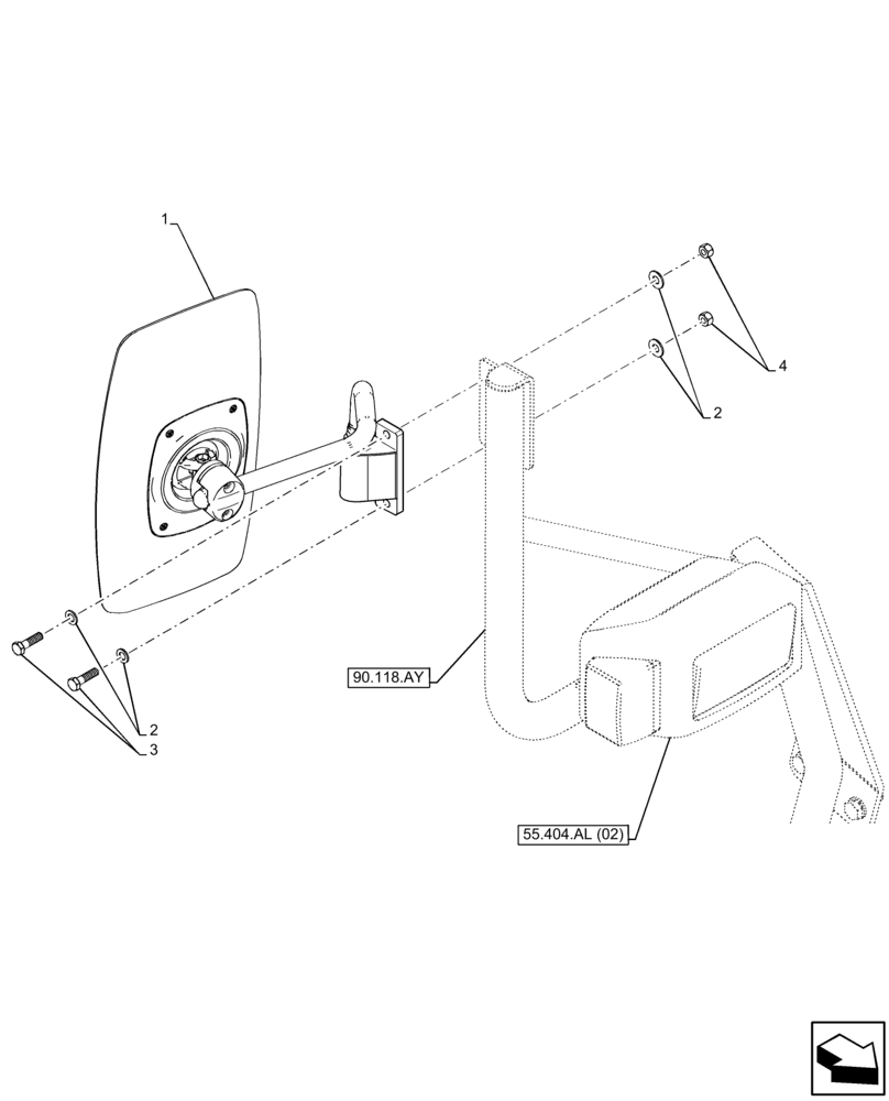 Схема запчастей Case IH FARMLIFT 935 - (90.118.BM[01]) - REAR VIEW MIRROR, RIGHT (90) - PLATFORM, CAB, BODYWORK AND DECALS