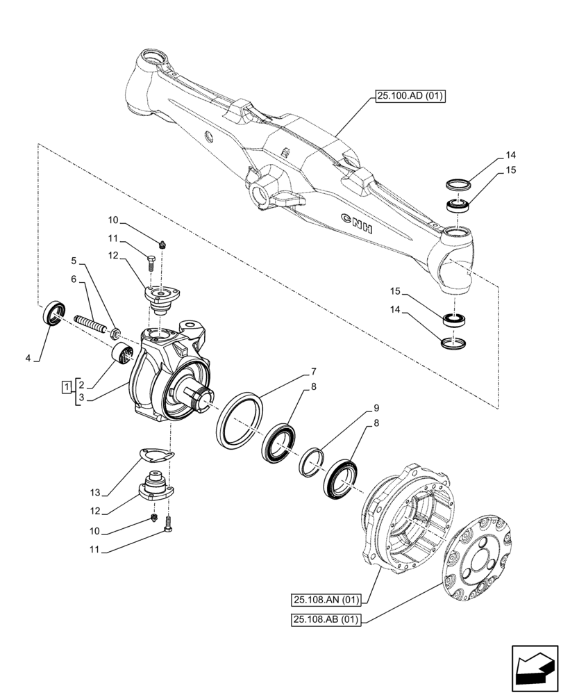 Схема запчастей Case IH FARMALL 85C - (25.108.AG[01]) - VAR - 390328, 743559, 744580, 744990 - FRONT AXLE, STEERING KNUCKLE, 4WD (25) - FRONT AXLE SYSTEM