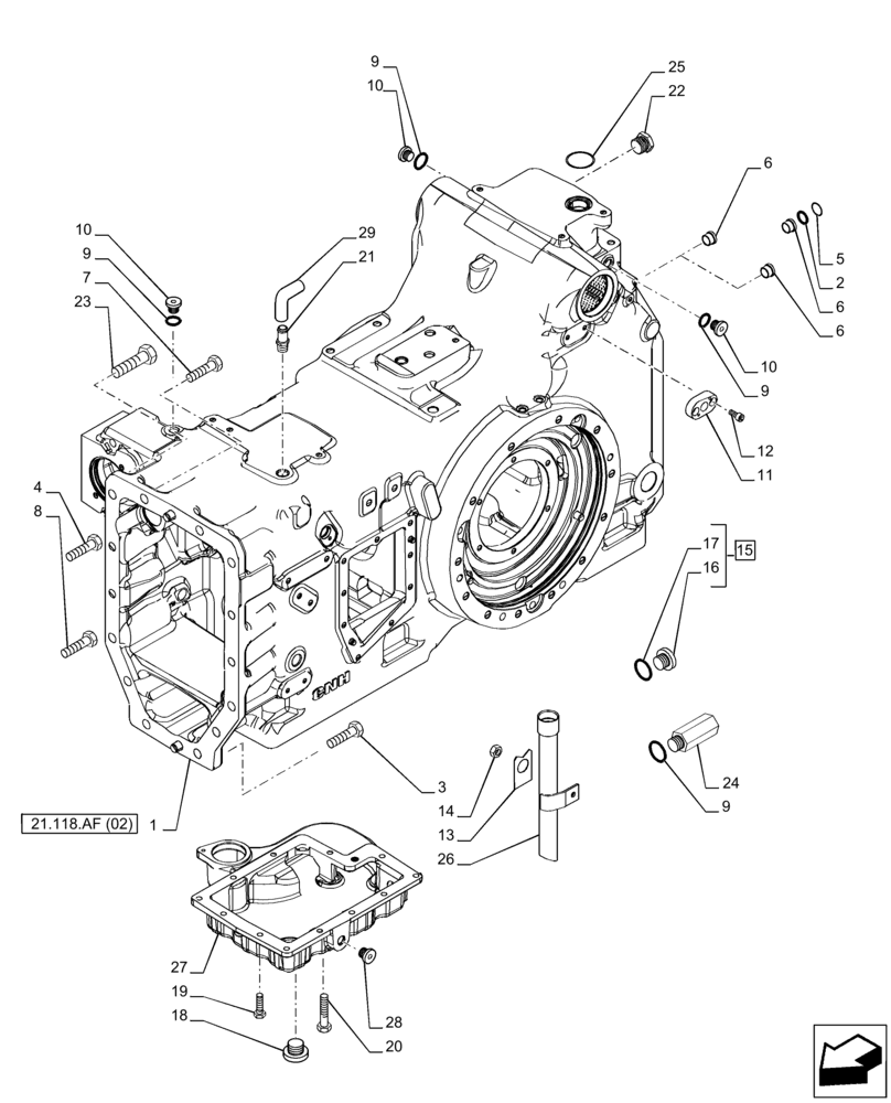 Схема запчастей Case IH PUMA 150 - (21.118.AF[01]) - VAR - 391136, 758011, 758012, 758013, 758014, 758015, 758016, 758017, 758018, 758019, 758020, 758021 - TRANSMISSION HOUSING, POWERSHIFT (21) - TRANSMISSION