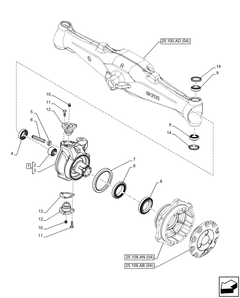 Схема запчастей Case IH FARMALL 95C - (25.108.AG[04]) - VAR - 744581 - FRONT AXLE, STEERING KNUCKLE, 4WD, HEAVY DUTY (25) - FRONT AXLE SYSTEM