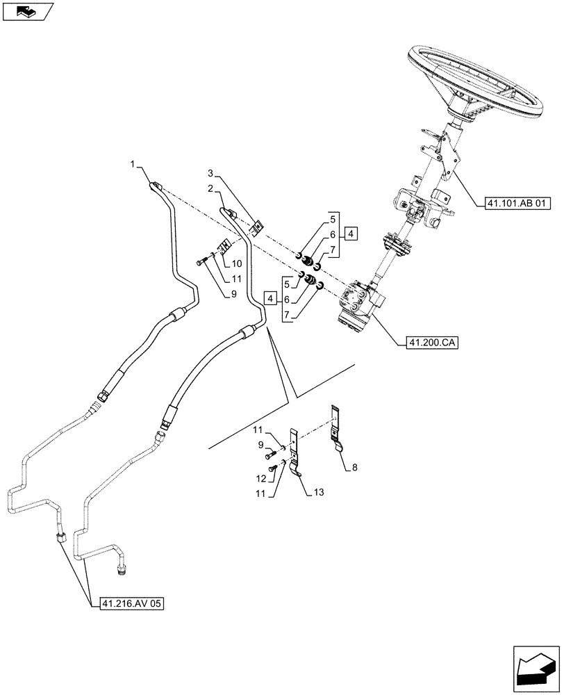 Схема запчастей Case IH FARMALL 115U - (41.216.AV[01A]) - STD + VAR - 392644 - STEERING LINE - BEGIN YR 14-JAN-2013 (41) - STEERING