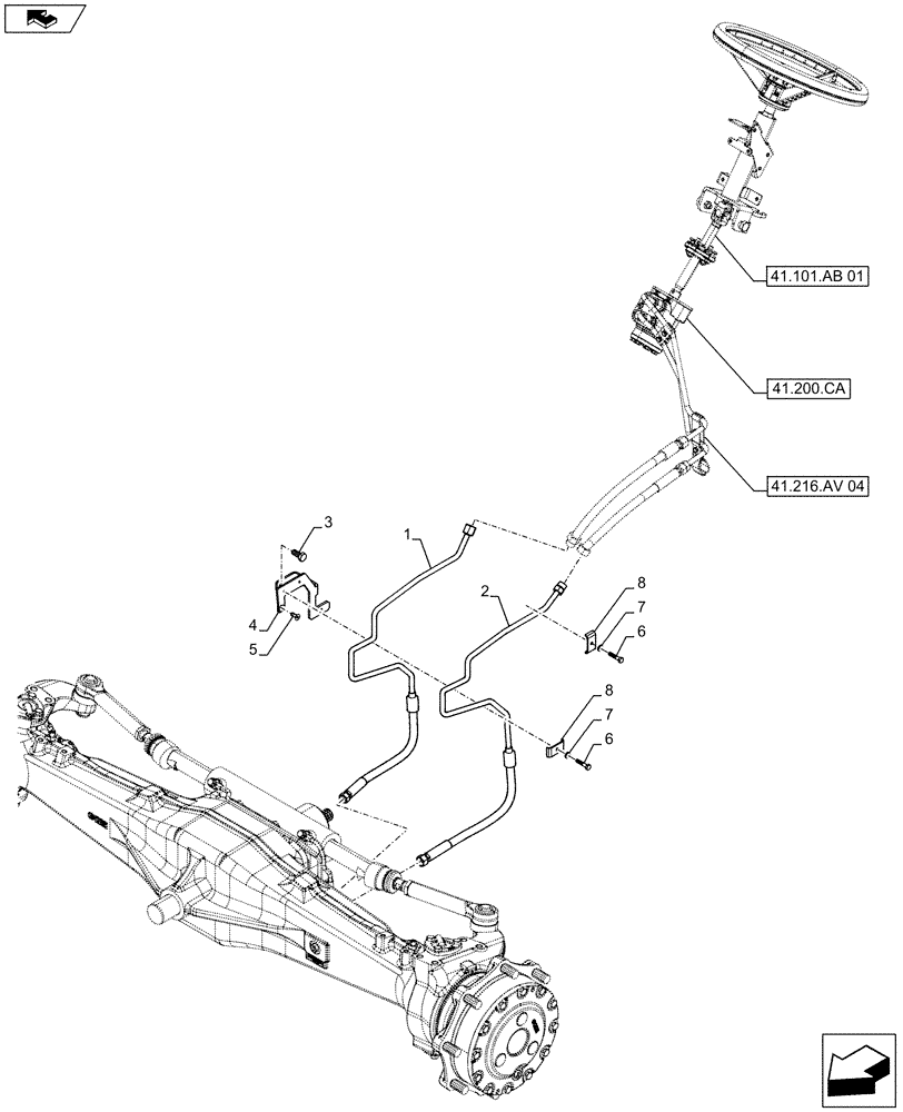 Схема запчастей Case IH FARMALL 105U - (41.216.AV[02A]) - STD + VAR - 392644 - STEERING CYLINDER HYD. LINE - BEGIN YR 14-JAN-2013 (41) - STEERING